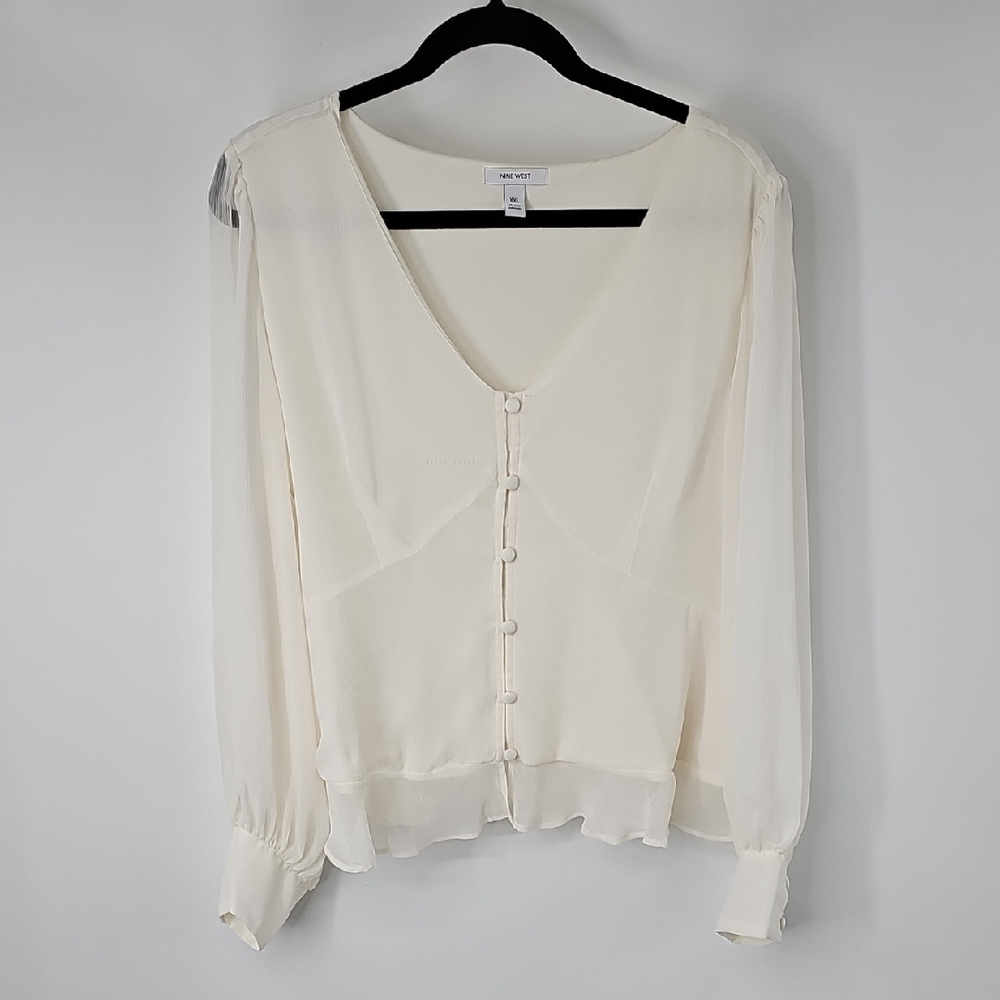 Nine West Cream Sheer Lined Empire Waist Balloon Sleeved Top Milkmaid Coquette